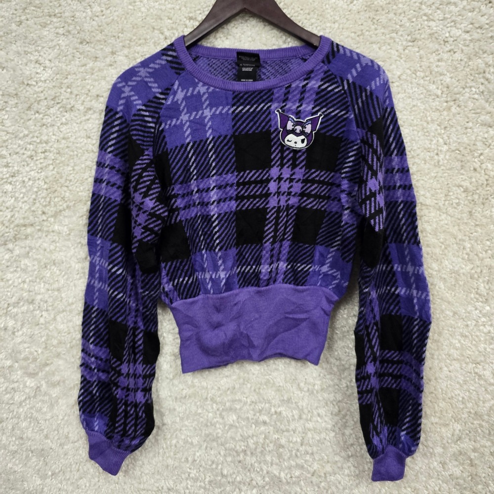Kuromi Sanrio‎ Plaid Sweater Women's Size Small Purple Black Knit Patch